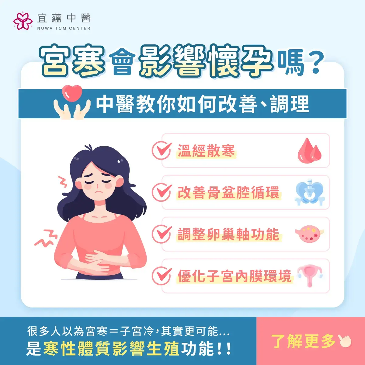 宮寒會影響懷孕嗎？中醫解析寒證體質與生殖功能失調，調理方向包括溫經散寒、改善骨盆腔循環、調整卵巢軸功能及優化子宮內膜環境。