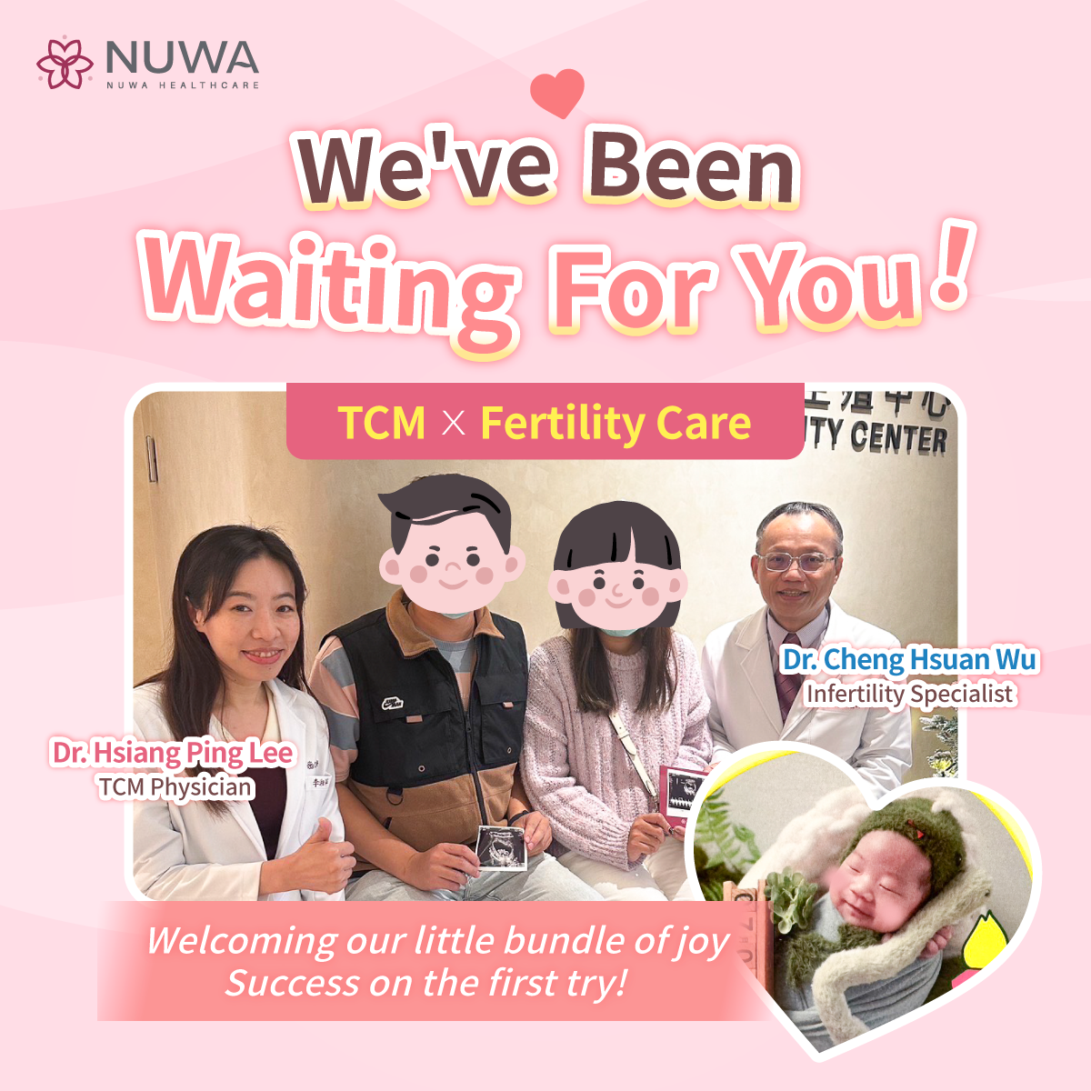 A happy couple celebrating their first-time IVF success with their TCM and Western medicine doctors at NUWA Fertility Center.  